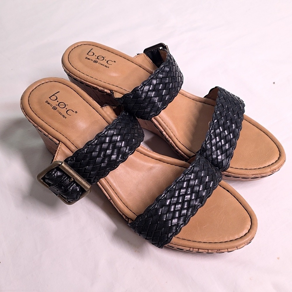b.o.c. Wedge Sandals Womens 11 Black Woven Strappy Cork Platform Slip On Boho